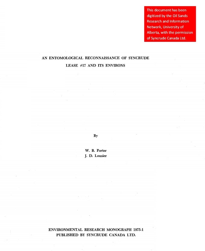 An Entomological Reconnaissance Of Syncrude Lease 17 And Its Environs 